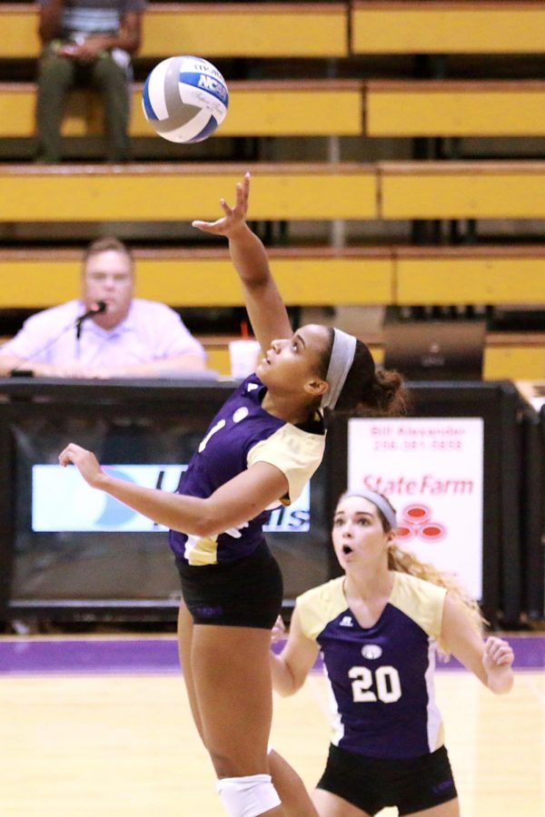 Lions junior middle hitter Jessica Austin attempts to attack the ball against Christian Brothers Sept. 24 at Flowers Hall. The Lions improve to 12-1 on the season and 4-1 in conference play.