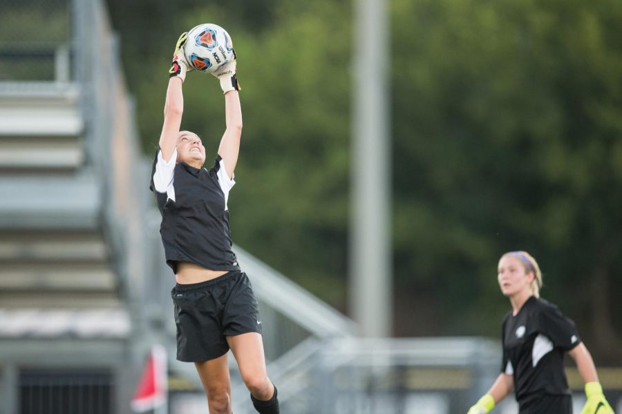 Sophomore goalkeeper Kate Webster warms up for a game against UAH in 2015. Webster emerged as the replacement for the conference save percentage leader from last year, Shelby Thornton.