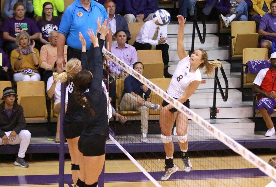Senior hitter Natasha Fomina attacks the ball against UAH Sept. 29 in Florence. The Lions swept the Chargers to improve to 14-1 overall and 6-1 in Gulf South Conference play.