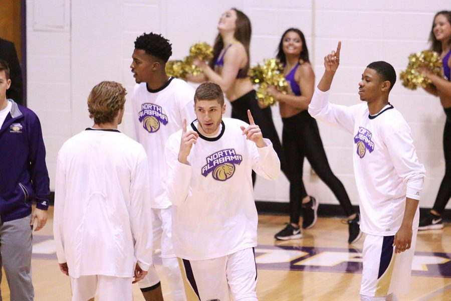 North Alabama players run onto the court during pregame introductions at Flowers Hall during their game against Cumberland Nov. 19. The Lions earned a tough win over the Phoenix to begin the season 3-0 for the first time the since 2013-14 season.