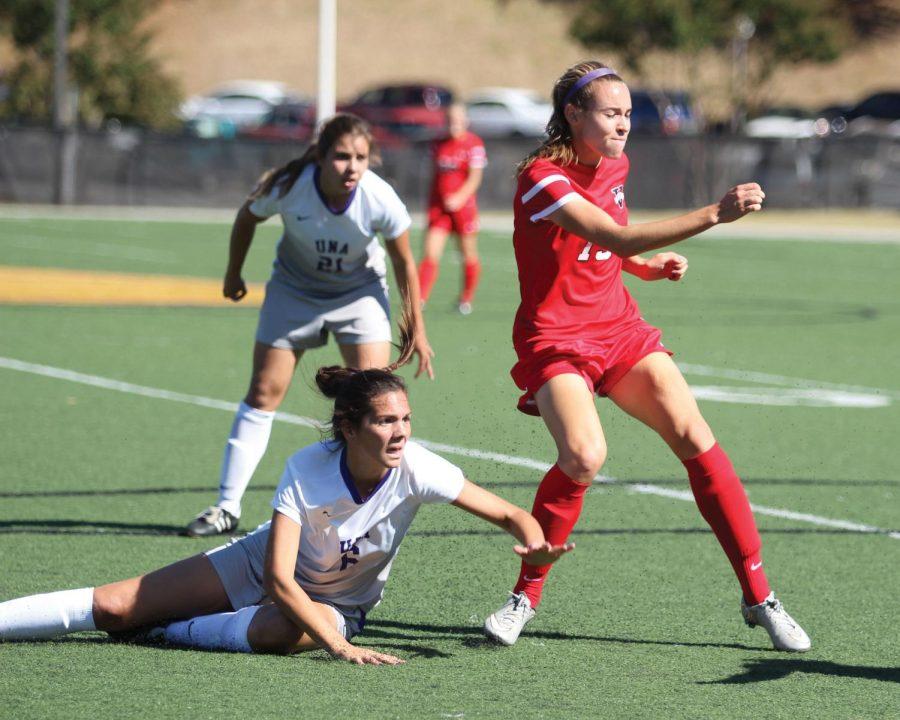 North Alabama freshman defender Sarah Ashy attempts to stop a Valdosta State advance in their Oct. 23 meeting in Florence. After claiming the Gulf South Conference tournament championship a year ago, the Lions failed to qualify for the 2016 GSC tournament.