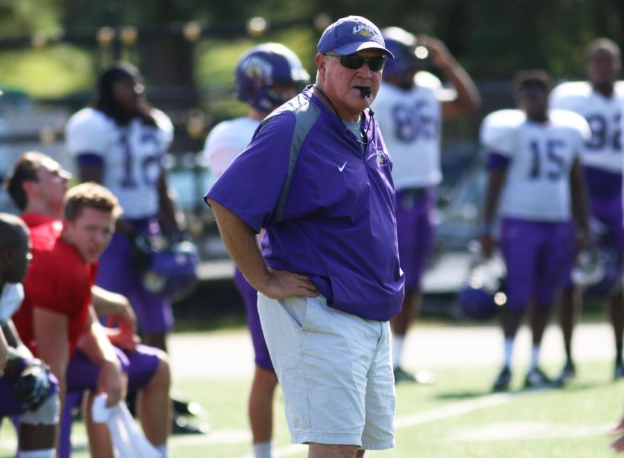 North Alabama head coach Bobby Wallace studies the team during spring practice in 2016. Wallace announced he is retiring from football Dec. 20 after leading the team to the 2016 national title game, and steps away as the all-time winningest coach in school history.