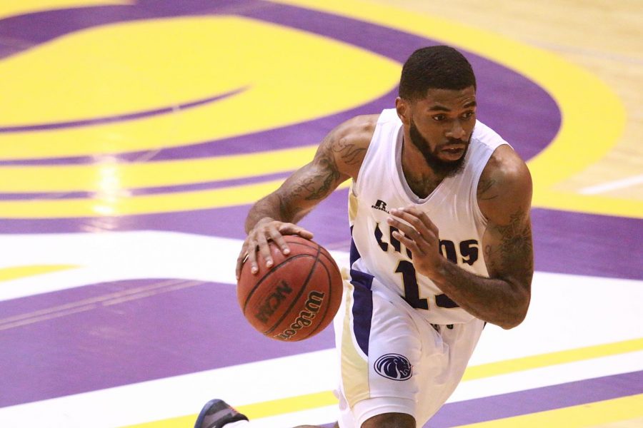 North Alabama guard Myrek Lee-Fowlkes looks to find a crease in the Delta State defense Jan. 28 at Flowers Hall. The Lions are tied for sixth place after losing two in a row against DSU and Alabama-Huntsville Jan. 30.
