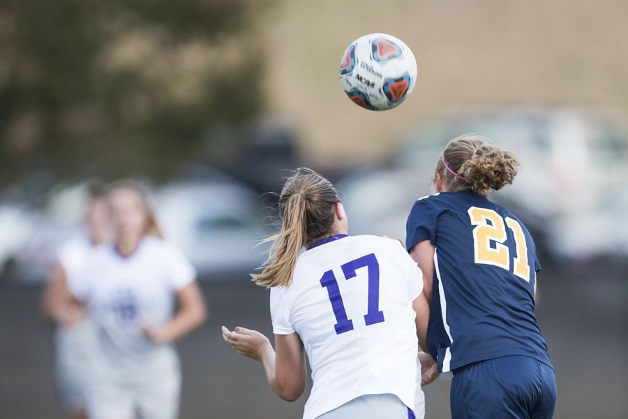 Sophomore forward Shelby Wall (left) goes up for a header against Mississippi College Oct. 16, 2016 at the UNA soccer complex. UNA added eight recruits on National Signing Day Feb. 1.