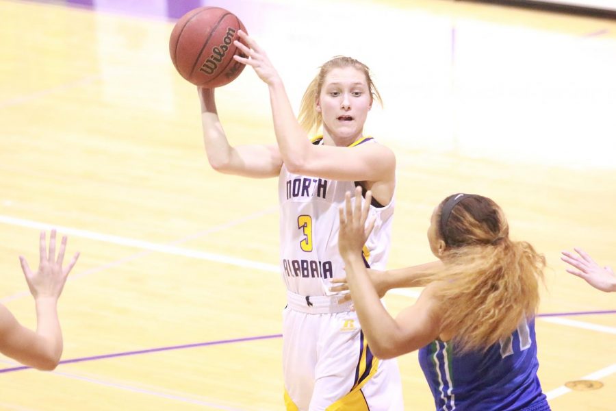 Freshman Ivy Wallen looks to pass the ball during the North Alabama Womens game against West Florida. Wallen scored a team-high 12 points, but it was not enough as UNA fell to the Argos, 75-51.