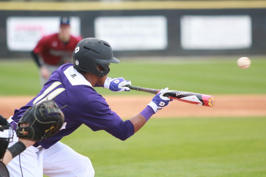 North Alabama center fielder Ben Cooley bunts to get on base in game two of a three-game series versus Bellarmine at Mike Lane Field. The Lions had their bats swinging in full force as they won game one 8-1, game two 11-0, but lost game three 12-10 to improve to 3-3 on the season.
