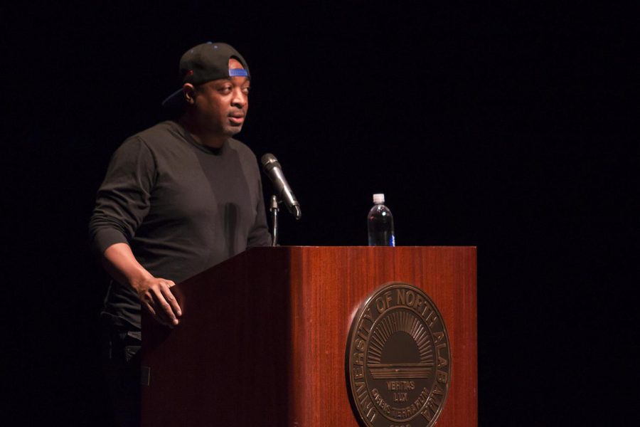 Chuck D speaks on the state of rap at Norton Auditorium. “Rap aint a music,” he said. “Its a vocal application on top of music.”