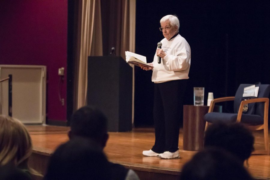 Jane Elliot speaks on diversity Feb. 28 in the GUC Performance Center. Elliott is best known for her Blue Eyes, Brown Eyes activity that began in 1968, when she separated her third-grade class into brown and blue-eyed people. 