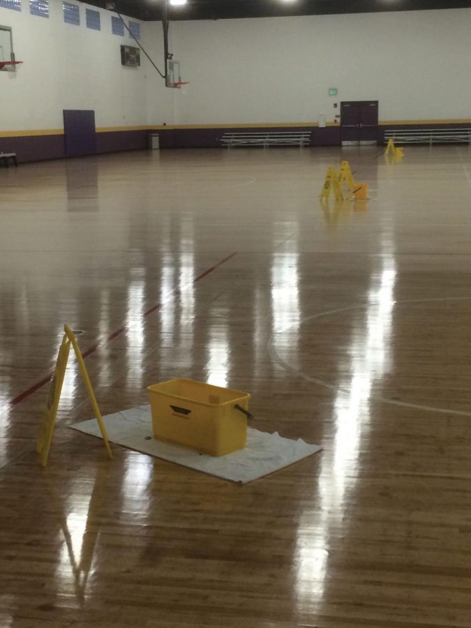 Buckets sit on the courts in the Student Recreation Center to catch dripping rain water in February. The roof above the basketball courts has had problems with leaks since 2004, said James Eubanks, director of the SRC.