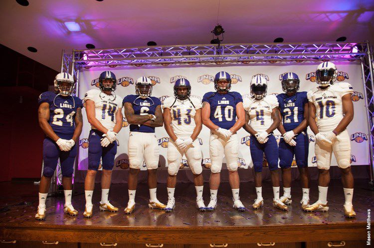 North Alabama football players show off the new ADIDAS uniforms. ADIDAS takes over as the main supplier of gear, uniforms, sideline apparel and fan apparel for UNA.