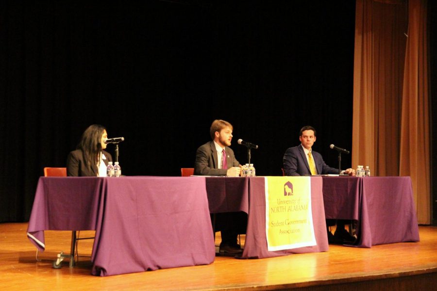 Presidential Candidates, Jessie Harbuck, Sam Washburn and Blake Polson, debate platforms and opinions. Candidates debated legislation, parking solutions and campus safety measures. 