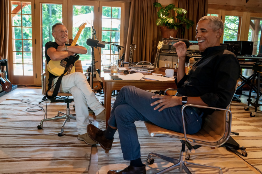 American singer Bruce Springsteen sits down with Former President Barack Obama for his podcast, “Renegades: Born in America.”