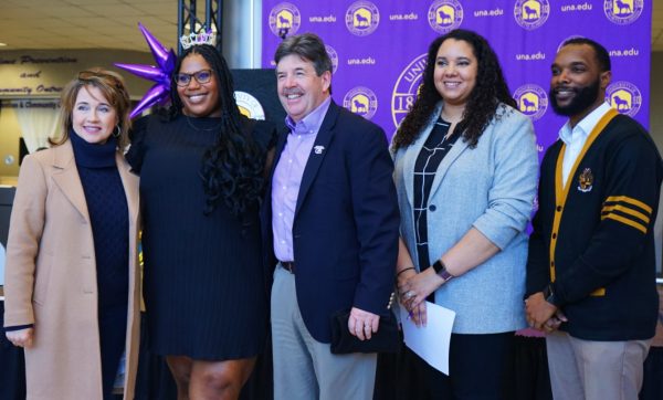 (From left to right) First Lady Dena Kitts, Homecoming Queen Olivia Oliphant, President Kenneth Kitts, Associate Vice President & Dean of Students Minnette Ellis, and Wesley Thompson pose together.