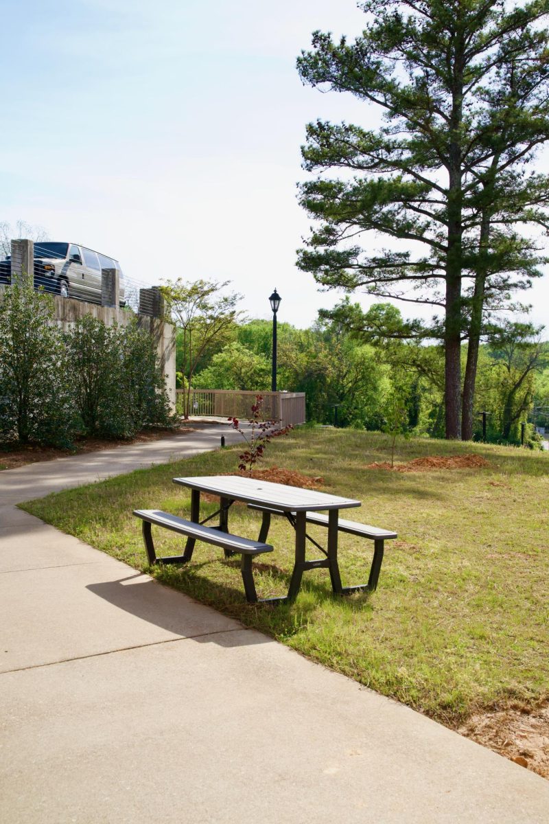The sitting area by the Mitchell-Buford Science Building.