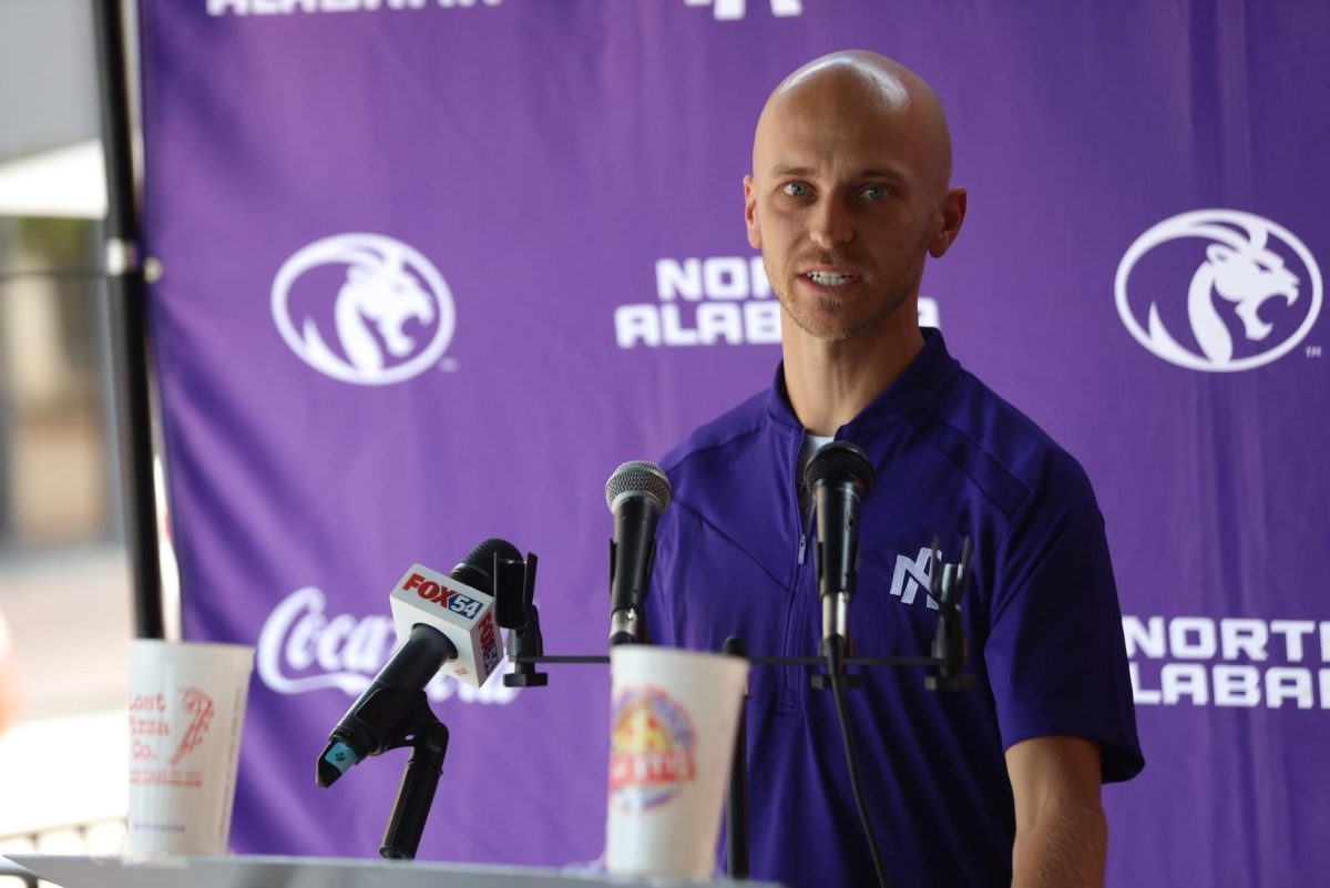 Coach Callahan gives a statement at UNA's annual Fall Sports Media Day.