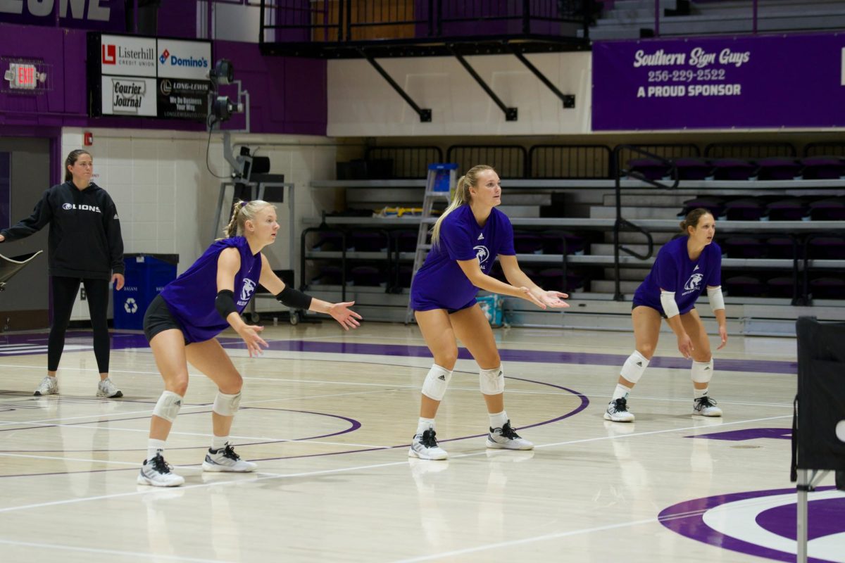 Volleyball players prepare to receive a serve.