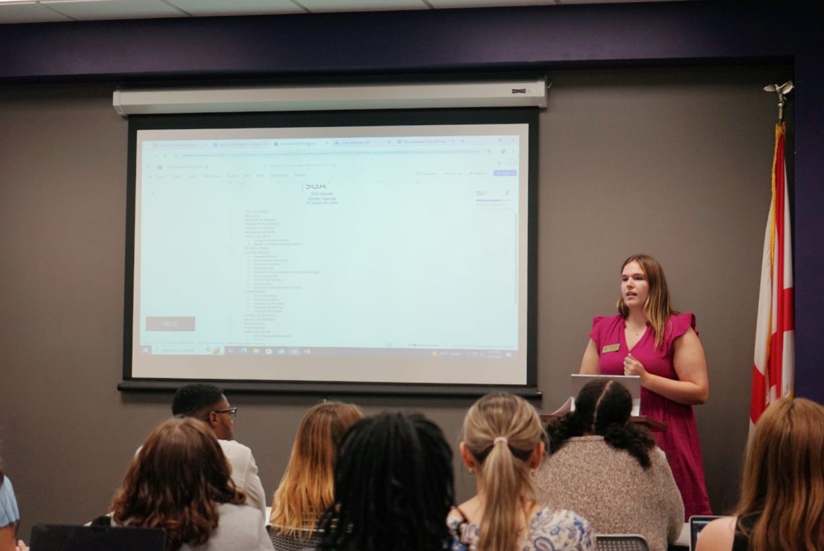 SGA Vice President Mandy McGinnis addresses the members of the SGA Senate