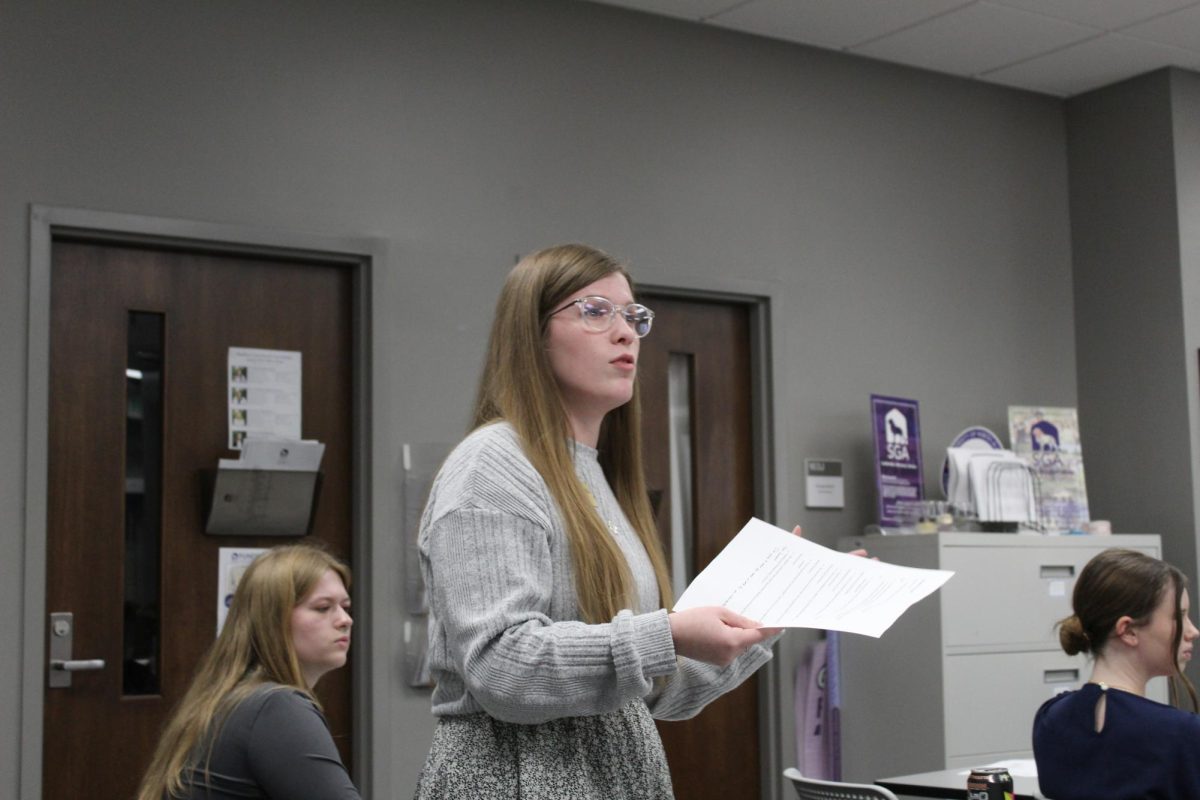 SGA President Kerigan Mardis helps lead discussions during the course of the SGA Senate meeting. 